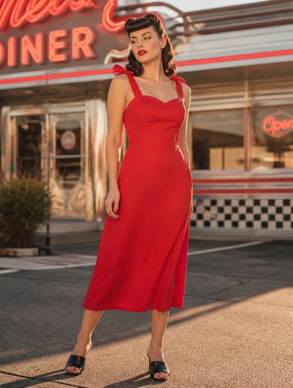 Cider Red Tie-Shoulder Sweetheart Midi Dress